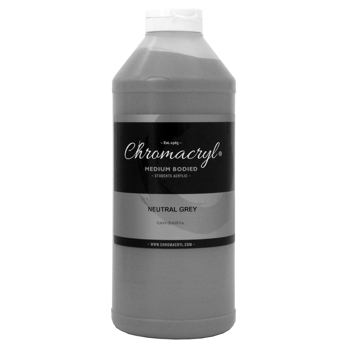 Chroma Chromacryl Student Acrylic Paint 1 Litre Bottle Neutral Grey: front view of the bottle showing the Medium Bodied Students Acrylic label