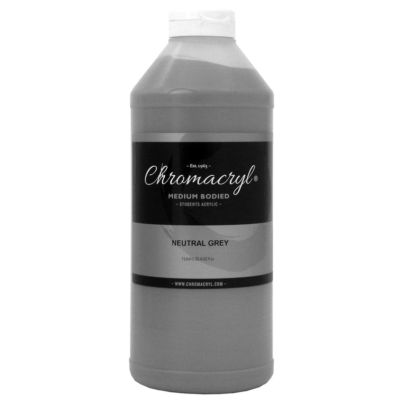 Chroma Chromacryl Student Acrylic Paint 1 Litre Bottle Neutral Grey: front view of the bottle showing the Medium Bodied Students Acrylic label