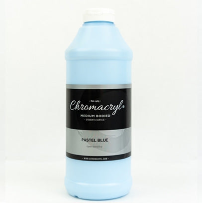 Chroma Chromacryl Student Acrylic Paint 1 Litre Bottle Pastel Blue: bottle with white cap filled with a pale sky blue paint, label reading PASTEL BLUE