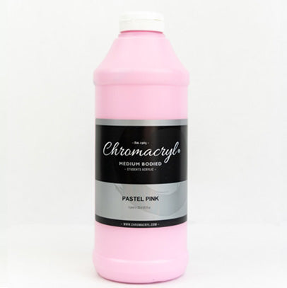 Chroma Chromacryl Student Acrylic Paint 1 Litre Bottle Pastel Pink: bottle with white cap filled with a soft baby pink paint, label reading PASTEL PINK