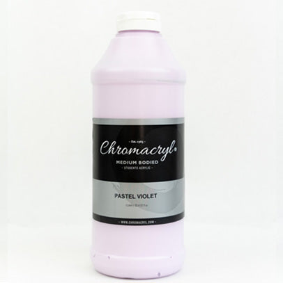 Chroma Chromacryl Student Acrylic Paint 1 Litre Bottle Pastel Violet: bottle with white cap filled with a very pale lilac paint, label reading PASTEL VIOLET