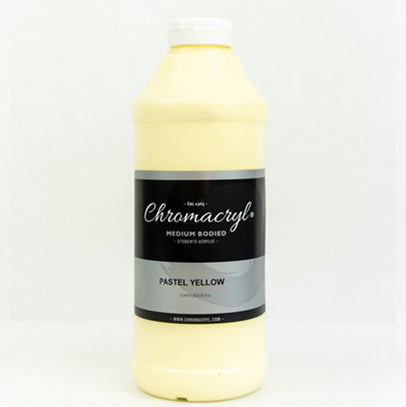 Chroma Chromacryl Student Acrylic Paint 1 Litre Bottle Pastel Yellow: bottle with white cap filled with a pale, buttery cream yellow paint, label reading PASTEL YELLOW
