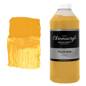 Chroma Chromacryl Student Acrylic Paint 1 Litre Bottle Yellow Oxide: bottle with white cap beside a painted swatch of a mustard ochre yellow