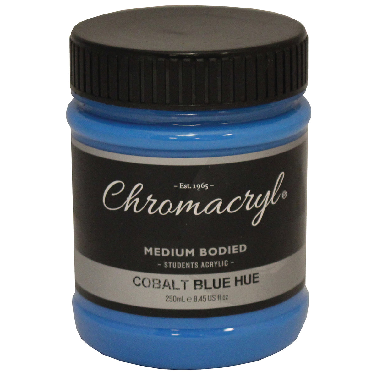 Chroma Chromacryl Student Acrylic Paint 250ml Jar Cobalt Blue: clear jar with black screw cap, Est. 1965 label reading Medium Bodied Students Acrylic Cobalt Blue Hue 250mL