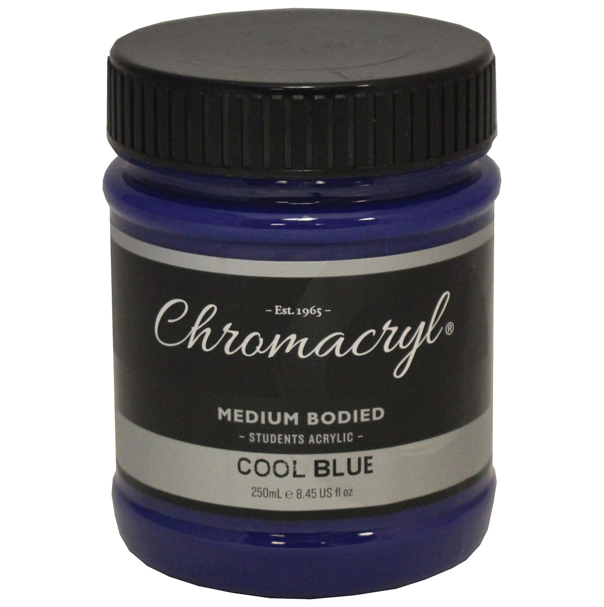 Chroma Chromacryl Student Acrylic Paint 250ml Jar Cool Blue: clear jar with black screw cap, Est. 1965 label reading Medium Bodied Students Acrylic Cool Blue 250mL
