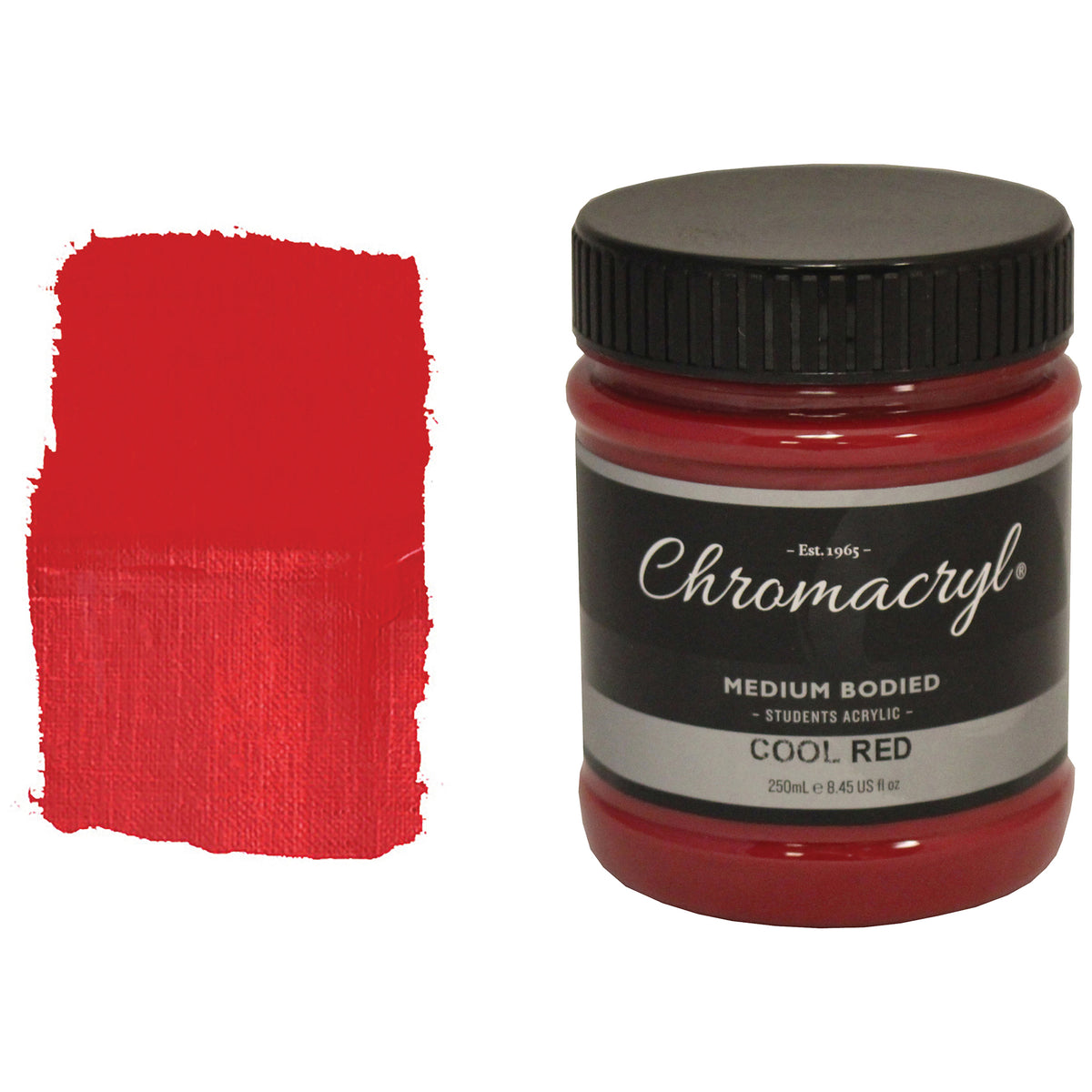 Chroma Chromacryl Student Acrylic Paint 250ml Jar Cool Red: jar beside a swatch of bright, slightly crimson red paint