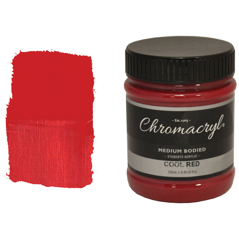 Chroma Chromacryl Student Acrylic Paint 250ml Jar Cool Red: jar beside a swatch of bright, slightly crimson red paint