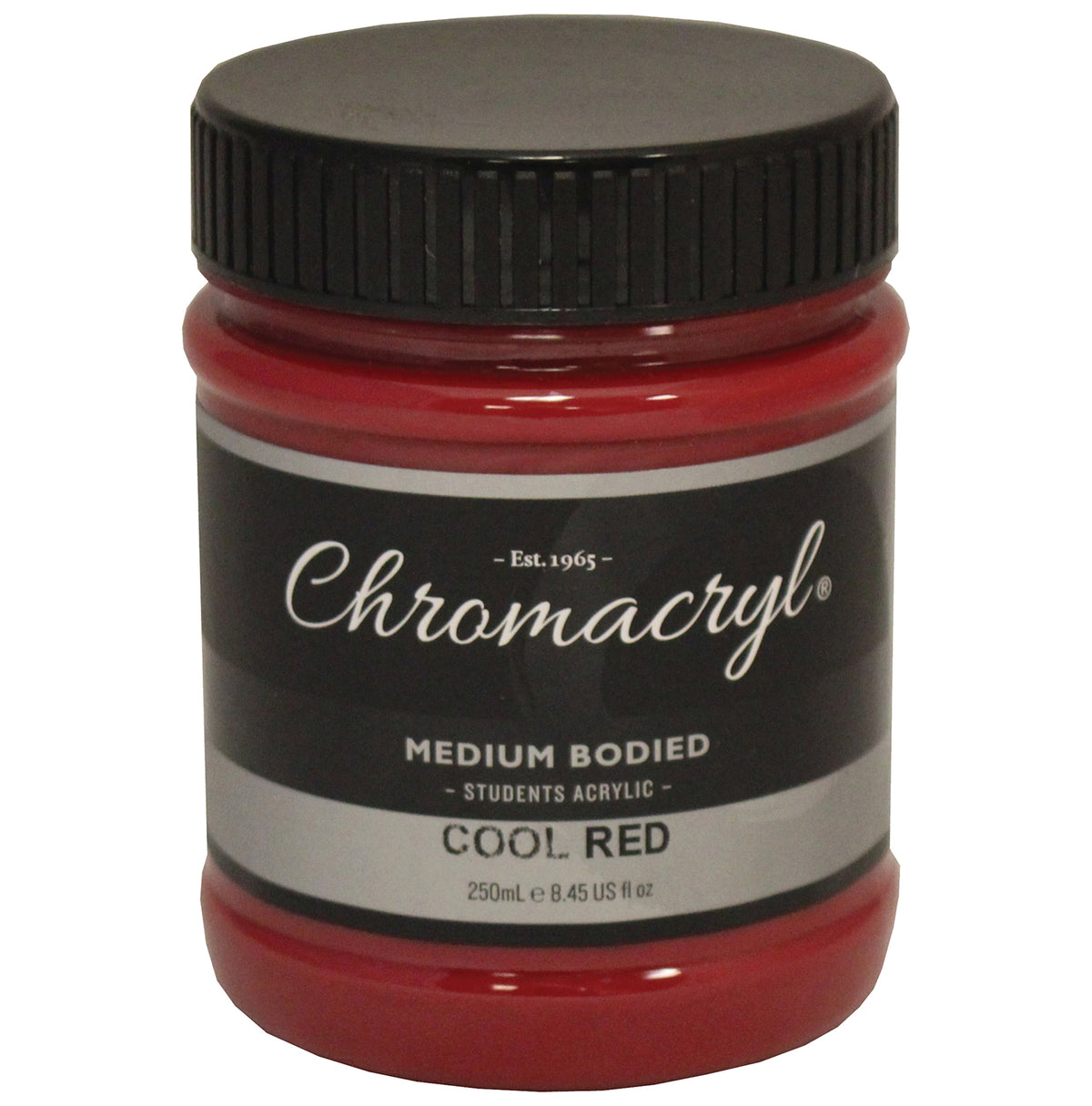 Chroma Chromacryl Student Acrylic Paint 250ml Jar Cool Red: clear jar with black screw cap, Est. 1965 label reading Medium Bodied Students Acrylic Cool Red 250mL