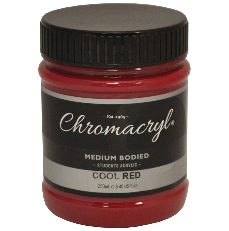 Chroma Chromacryl Student Acrylic Paint 250ml Jar Cool Red: clear jar with black screw cap, Est. 1965 label reading Medium Bodied Students Acrylic Cool Red 250mL