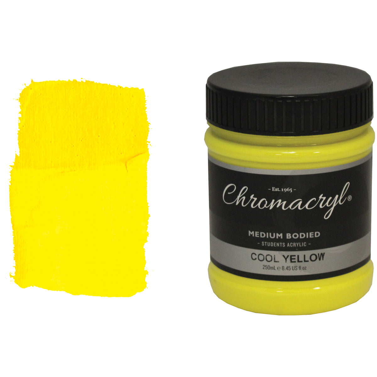Chroma Chromacryl Student Acrylic Paint 250ml Jar Cool Yellow: jar beside a swatch of bright lemon yellow paint
