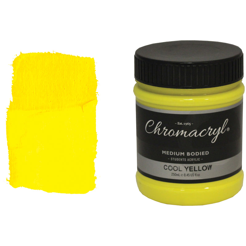 Chroma Chromacryl Student Acrylic Paint 250ml Jar Cool Yellow: jar beside a swatch of bright lemon yellow paint