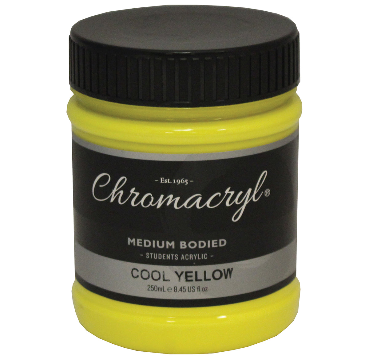 Chroma Chromacryl Student Acrylic Paint 250ml Jar Cool Yellow: clear jar with black screw cap, Est. 1965 label reading Medium Bodied Students Acrylic Cool Yellow 250mL