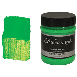 Chroma Chromacryl Student Acrylic Paint 250ml Jar Fluoro Green: jar beside a swatch of intense neon-style green paint
