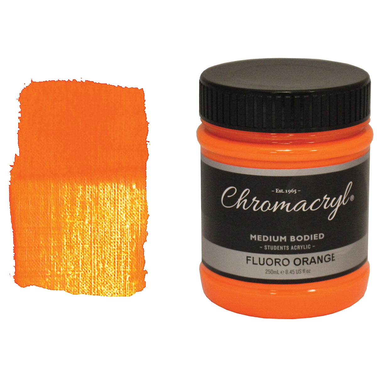Chroma Chromacryl Student Acrylic Paint 250ml Jar Fluoro Orange: jar beside a swatch of hot neon-style orange paint