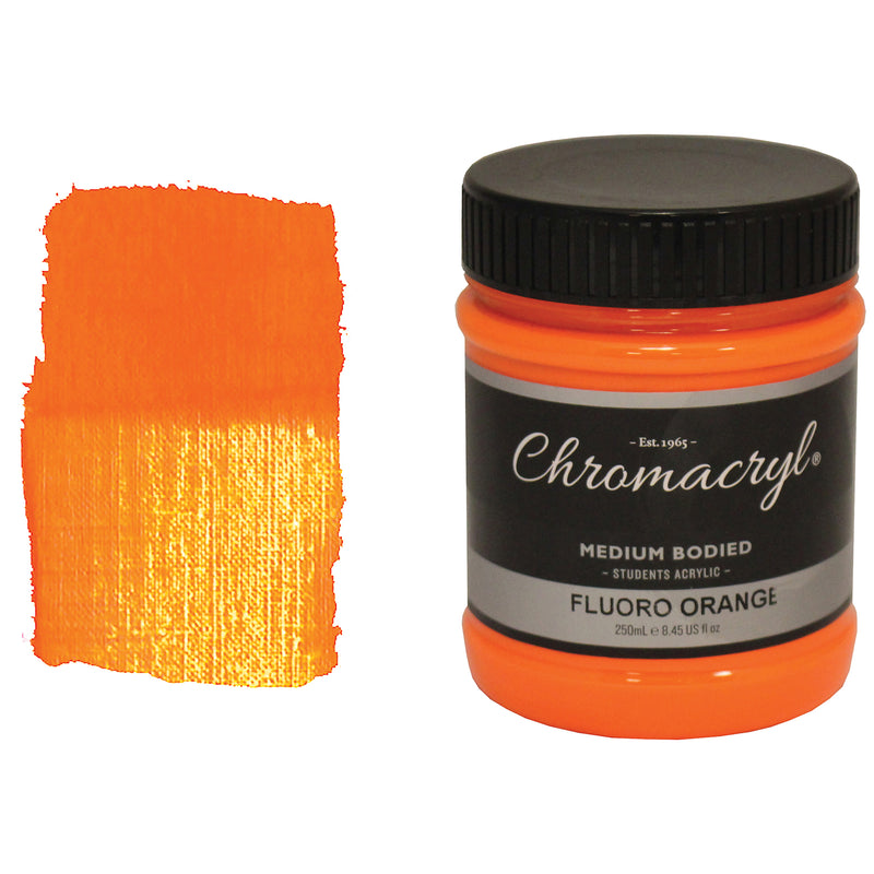 Chroma Chromacryl Student Acrylic Paint 250ml Jar Fluoro Orange: jar beside a swatch of hot neon-style orange paint