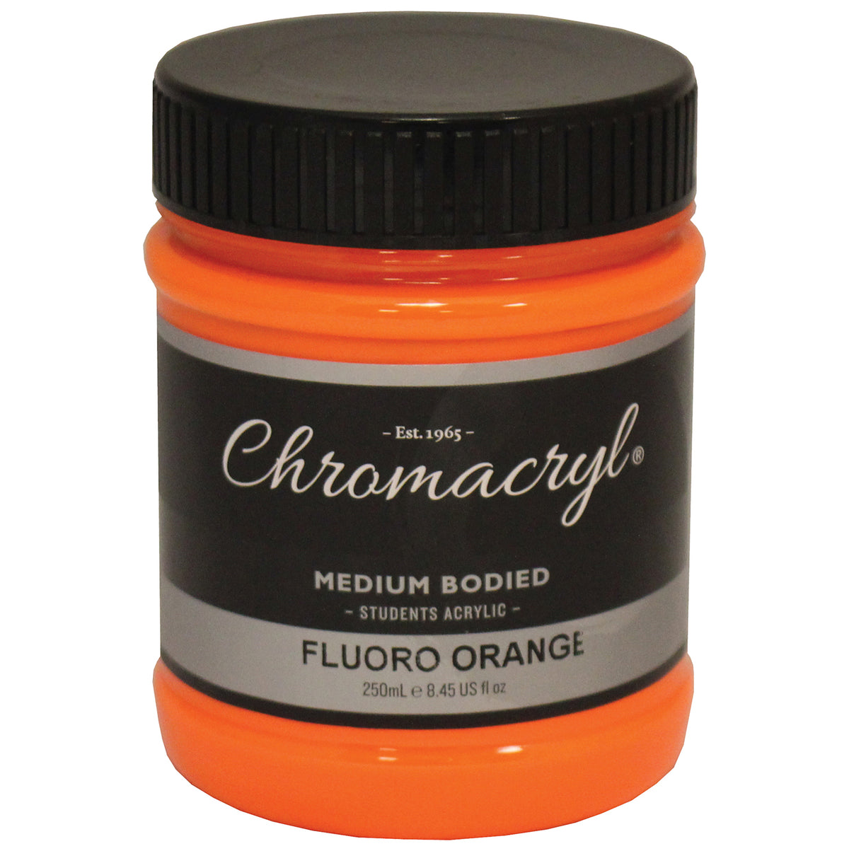 Chroma Chromacryl Student Acrylic Paint 250ml Jar Fluoro Orange: clear jar with black screw cap, Est. 1965 label reading Medium Bodied Students Acrylic Fluoro Orange 250mL