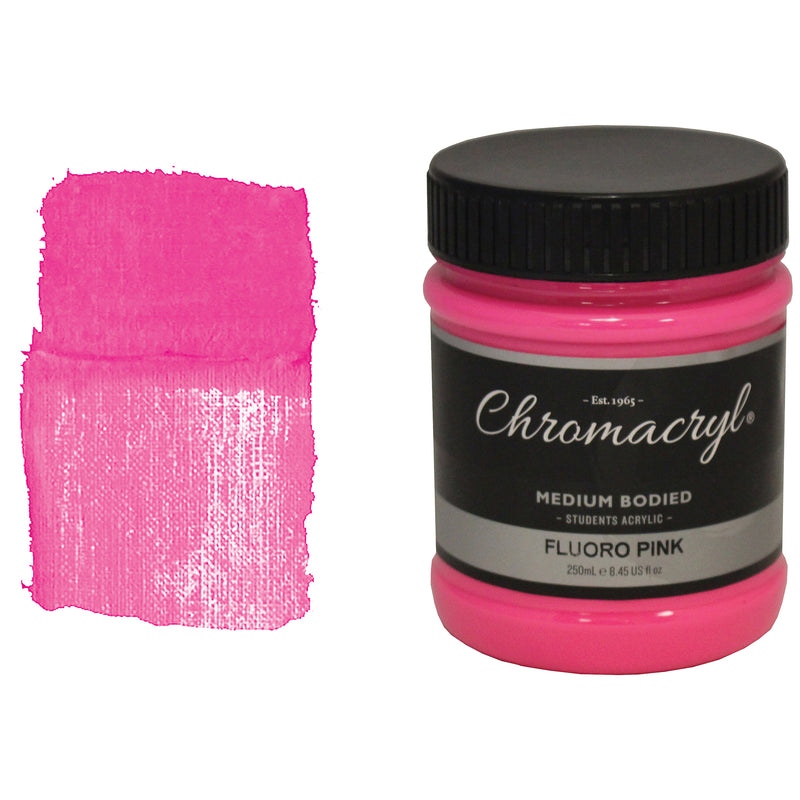 Chroma Chromacryl Student Acrylic Paint 250ml Jar Fluoro Pink: jar beside a swatch of hot neon-style pink paint