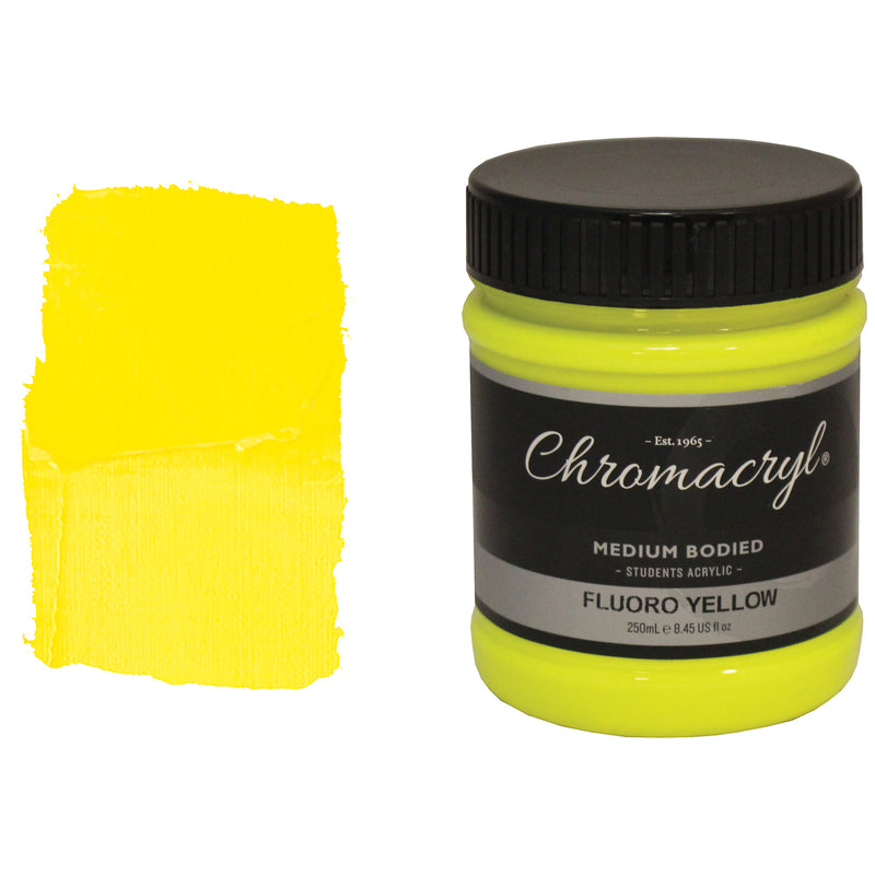 Chroma Chromacryl Student Acrylic Paint 250ml Jar Fluoro Yellow: jar beside a swatch of very bright neon-style yellow paint