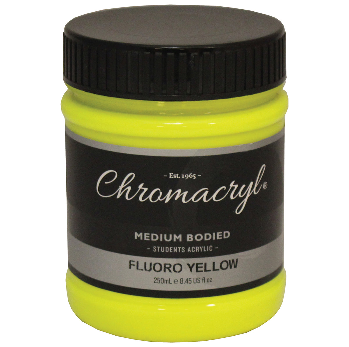 Chroma Chromacryl Student Acrylic Paint 250ml Jar Fluoro Yellow: clear jar with black screw cap, Est. 1965 label reading Medium Bodied Students Acrylic Fluoro Yellow 250mL