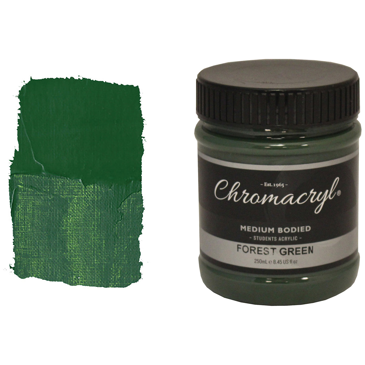Chroma Chromacryl Student Acrylic Paint 250ml Jar Forest Green: jar beside a swatch of deep bottle green paint