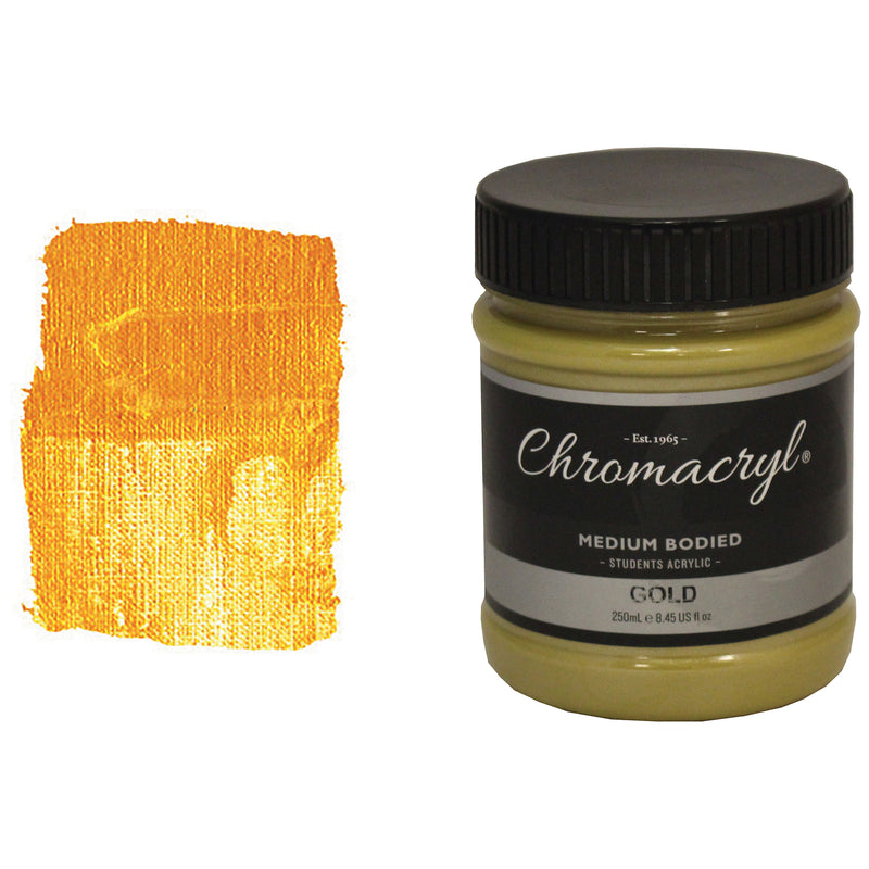 Chroma Chromacryl Student Acrylic Paint 250ml Jar Gold: jar beside a brushed swatch of orange-gold paint with a sheen