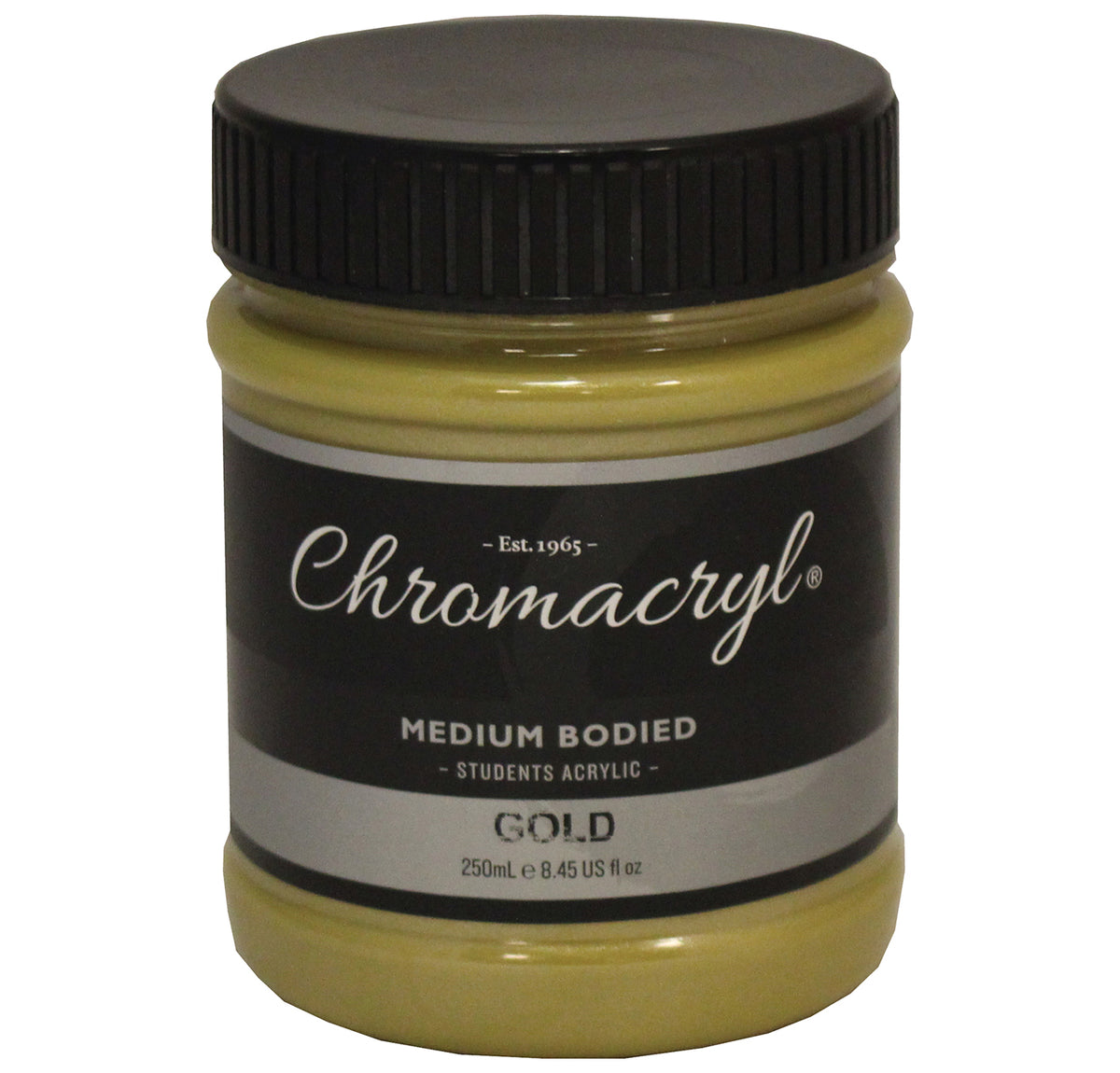 Chroma Chromacryl Student Acrylic Paint 250ml Jar Gold: clear jar with black screw cap, Est. 1965 label reading Medium Bodied Students Acrylic Gold 250mL