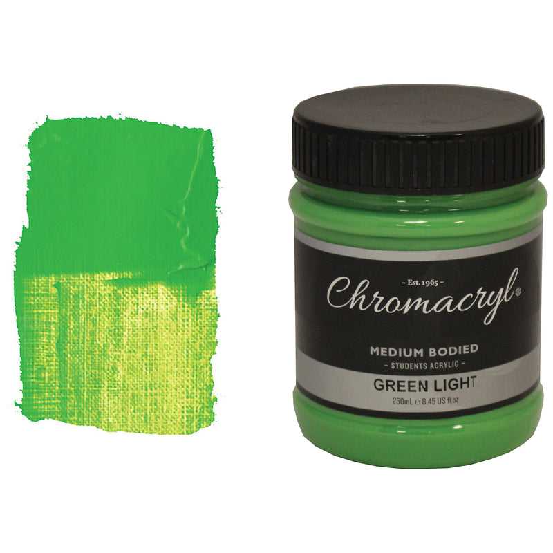 Chroma Chromacryl Student Acrylic Paint 250ml Jar Green Light: jar beside a swatch of bright fresh grass green paint