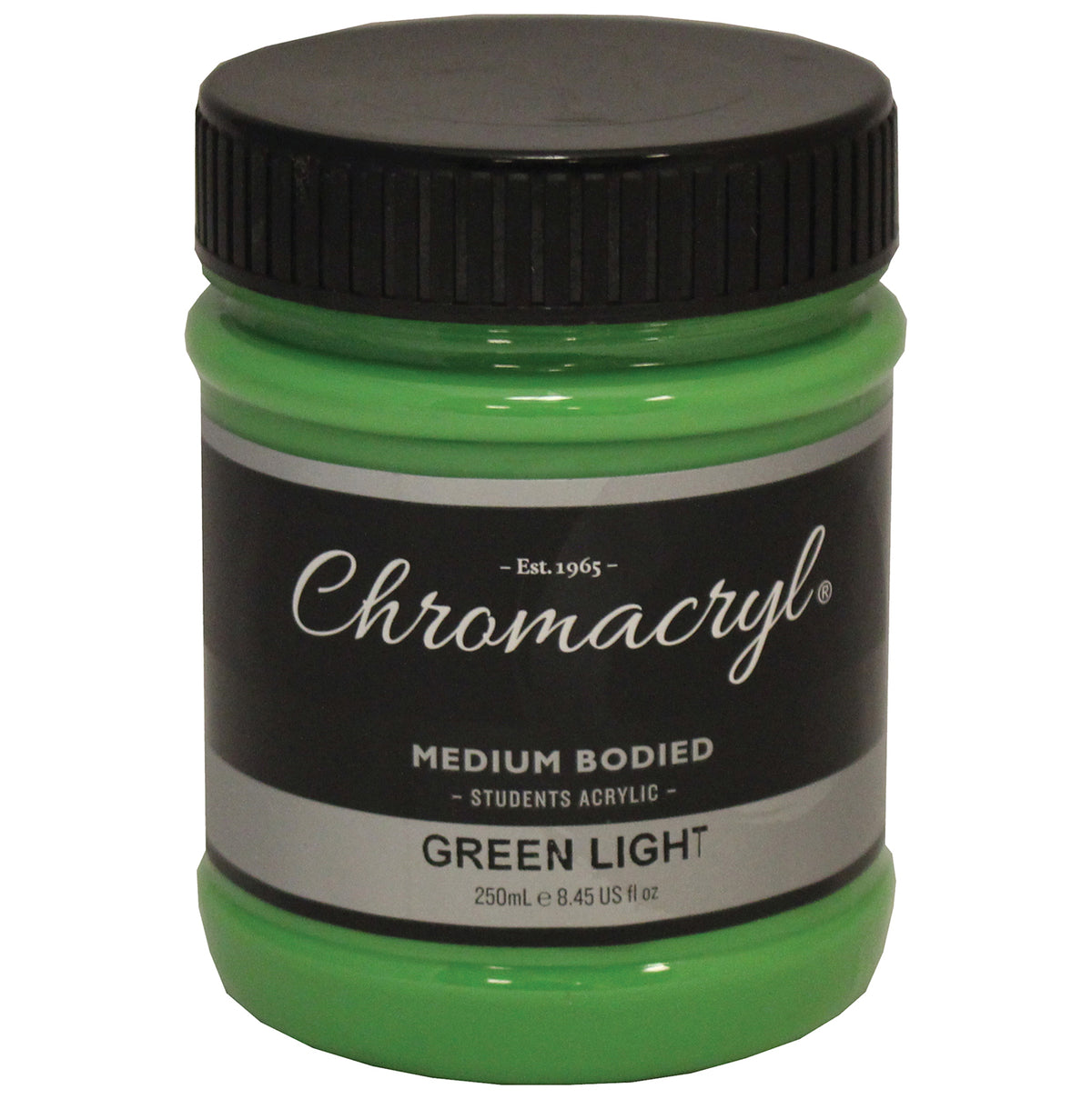 Chroma Chromacryl Student Acrylic Paint 250ml Jar Green Light: clear jar with black screw cap, Est. 1965 label reading Medium Bodied Students Acrylic Green Light 250mL