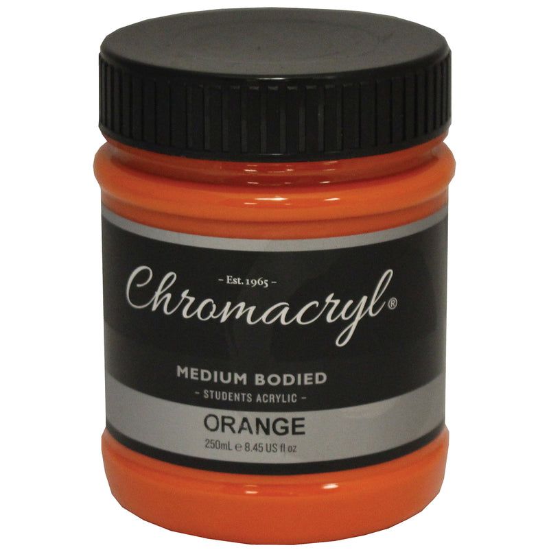 Chroma Chromacryl Student Acrylic Paint 250ml Jar Orange: clear jar with black screw cap, Est. 1965 label reading Medium Bodied Students Acrylic Orange 250mL