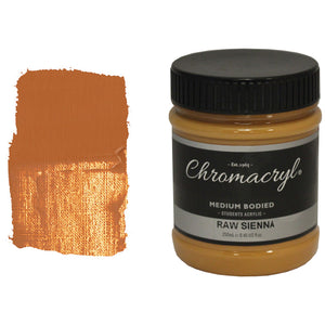 Chroma Chromacryl Student Acrylic Paint 250ml Jar Raw Sienna: jar beside a swatch of honey-tan earth paint