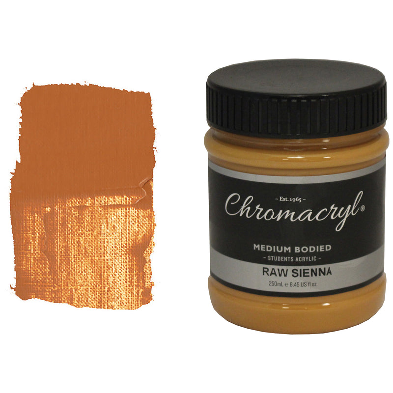 Chroma Chromacryl Student Acrylic Paint 250ml Jar Raw Sienna: jar beside a swatch of honey-tan earth paint
