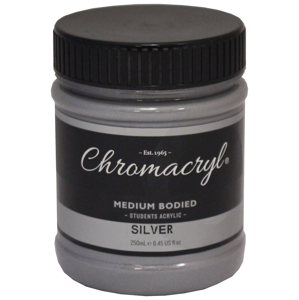 Chroma Chromacryl Student Acrylic Paint 250ml Jar Silver: clear jar with black screw cap, Est. 1965 label reading Medium Bodied Students Acrylic Silver 250mL