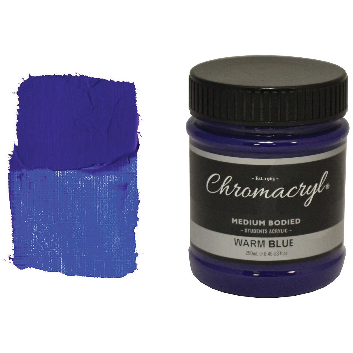 Chroma Chromacryl Student Acrylic Paint 250ml Jar Warm Blue: jar beside a swatch of vivid royal blue paint