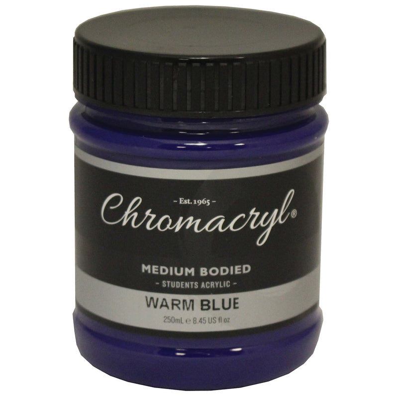 Chroma Chromacryl Student Acrylic Paint 250ml Jar Warm Blue: clear jar with black screw cap, Est. 1965 label reading Medium Bodied Students Acrylic Warm Blue 250mL