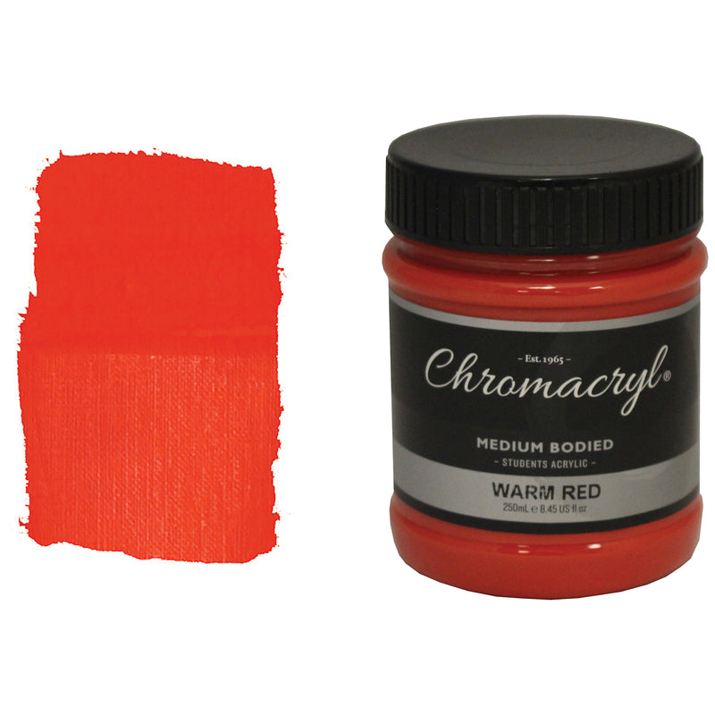 Chroma Chromacryl Student Acrylic Paint 250ml Jar Warm Red: jar beside a swatch of bright orange-leaning scarlet paint