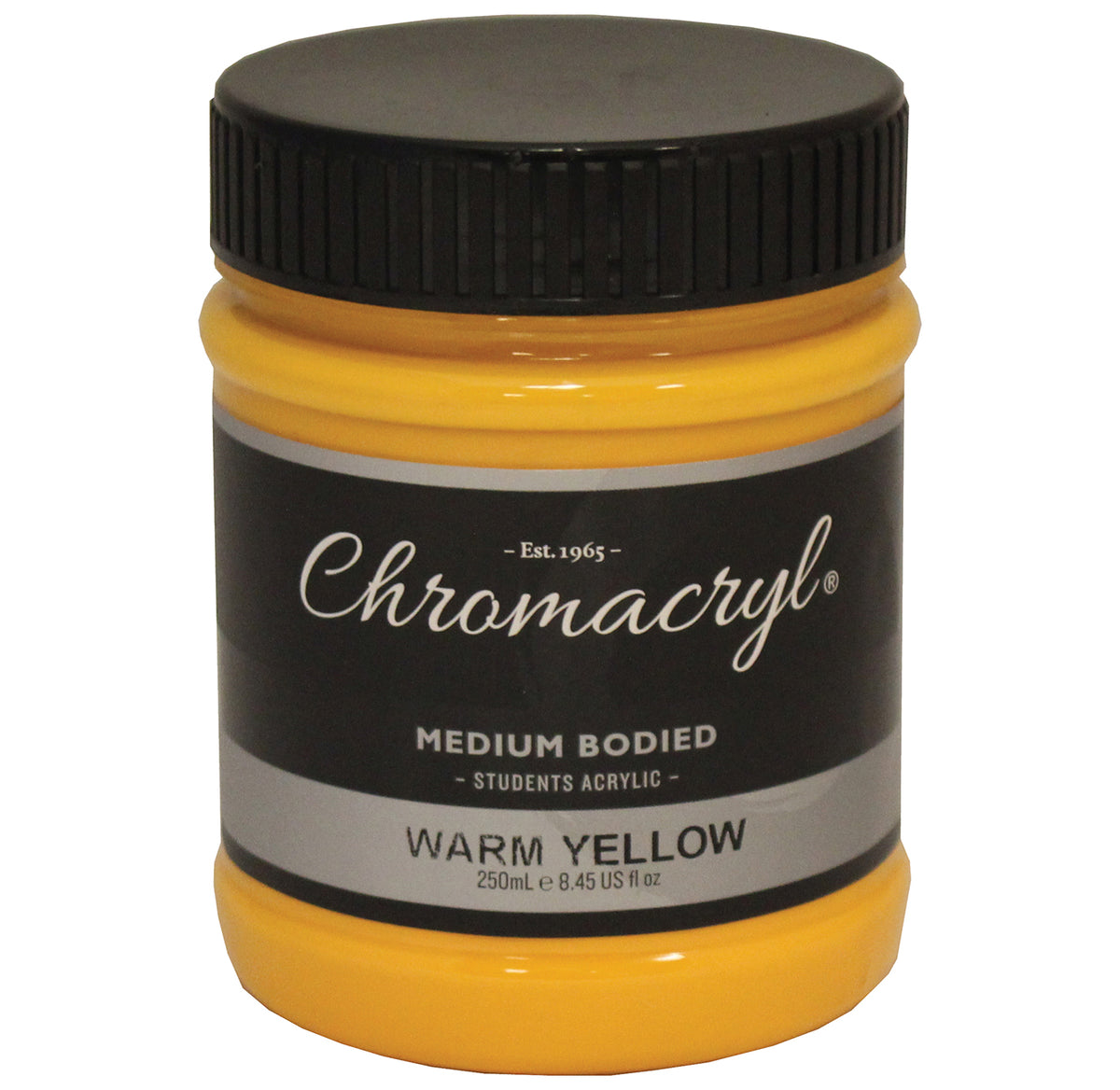 Chroma Chromacryl Student Acrylic Paint 250ml Jar Warm Yellow: clear jar with black screw cap, Est. 1965 label reading Medium Bodied Students Acrylic Warm Yellow 250mL