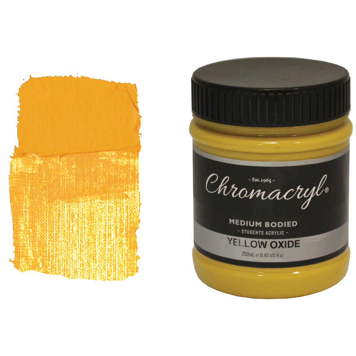 Chroma Chromacryl Student Acrylic Paint 250ml Jar Yellow Oxide: jar beside a swatch of muted mustard ochre paint