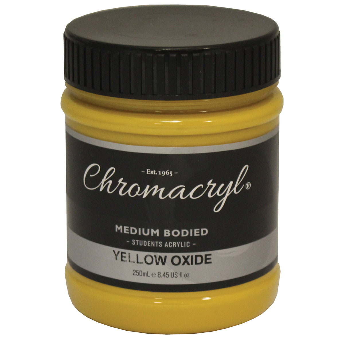 Chroma Chromacryl Student Acrylic Paint 250ml Jar Yellow Oxide: clear jar with black screw cap, Est. 1965 label reading Medium Bodied Students Acrylic Yellow Oxide 250mL