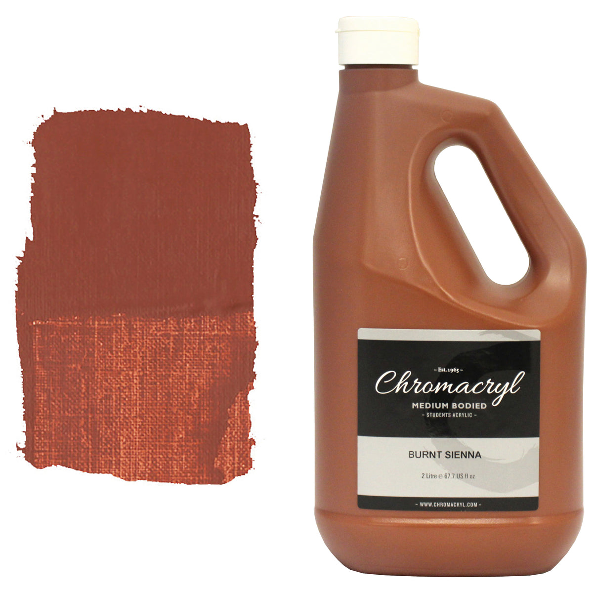 Chroma Chromacryl Burnt Sienna acrylic paint 2 litre bottle with carry handle beside a painted swatch of a warm, rusty red-brown