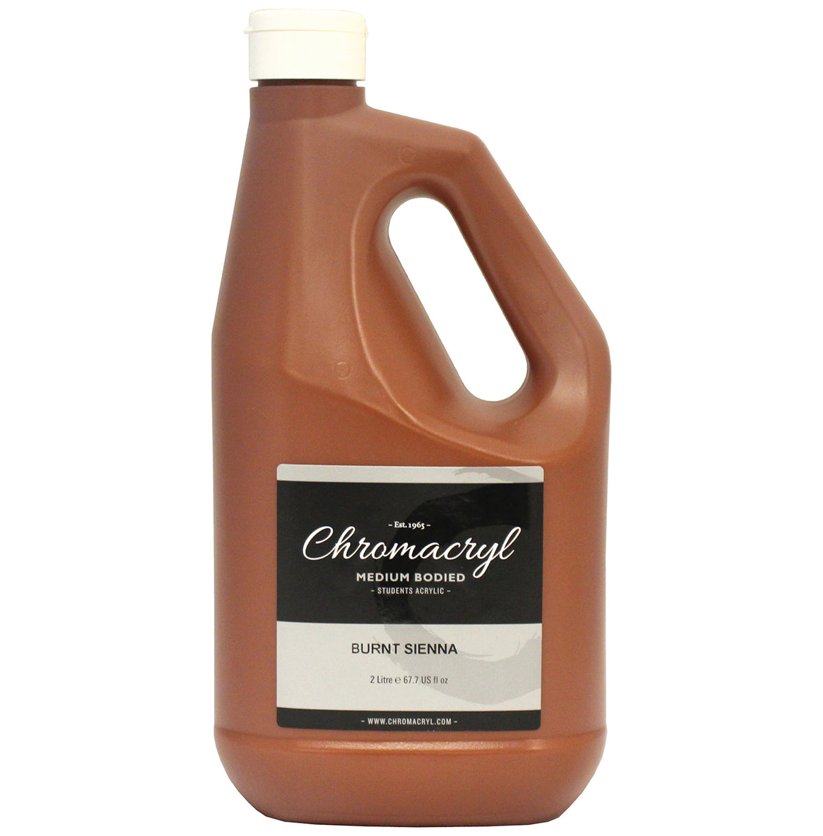 Chroma Chromacryl Burnt Sienna 2 litre handled bottle, front label reading medium bodied students acrylic