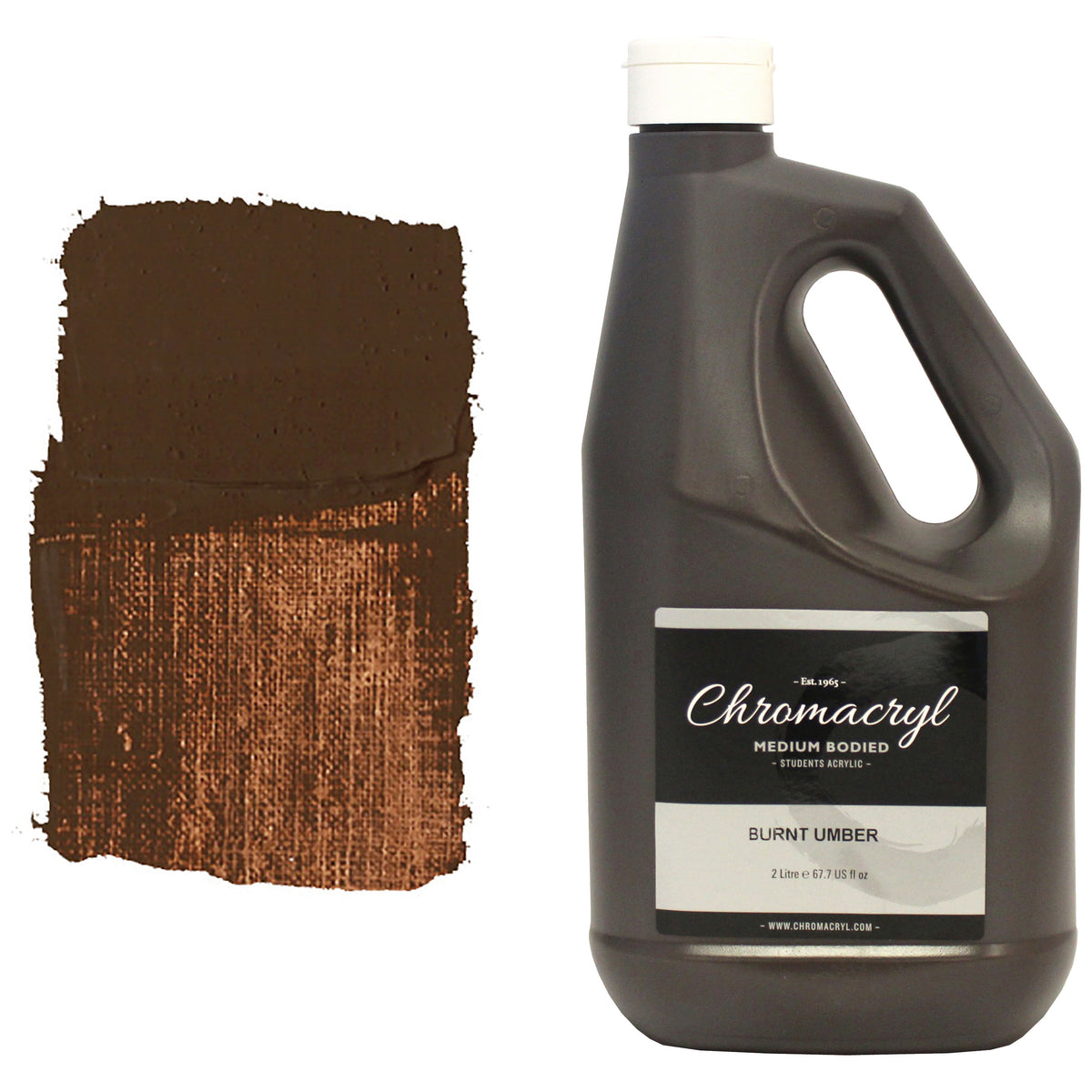 Chroma Chromacryl Burnt Umber acrylic paint 2 litre bottle with carry handle beside a painted swatch of a dark chocolate brown