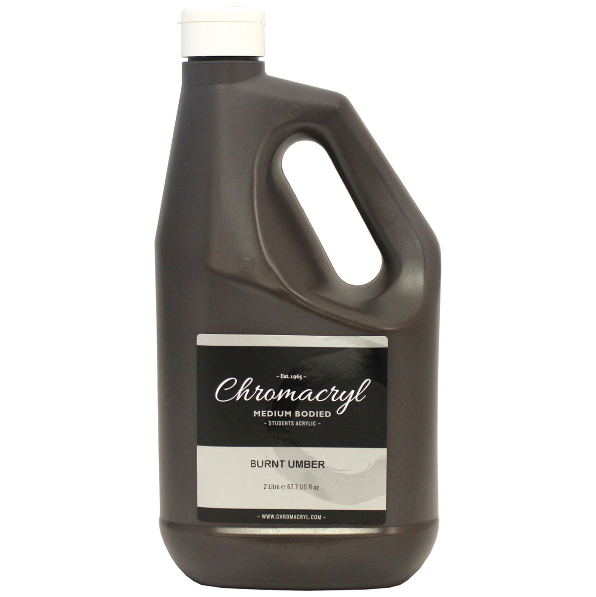 Chroma Chromacryl Burnt Umber 2 litre handled bottle, front label reading medium bodied students acrylic