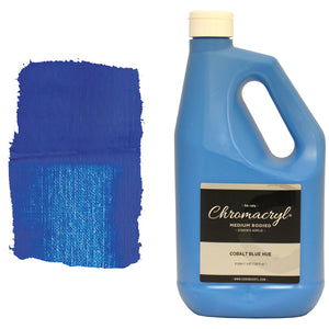 Chroma Chromacryl Cobalt Blue Hue acrylic paint 2 litre bottle with carry handle beside a painted swatch of a strong royal blue