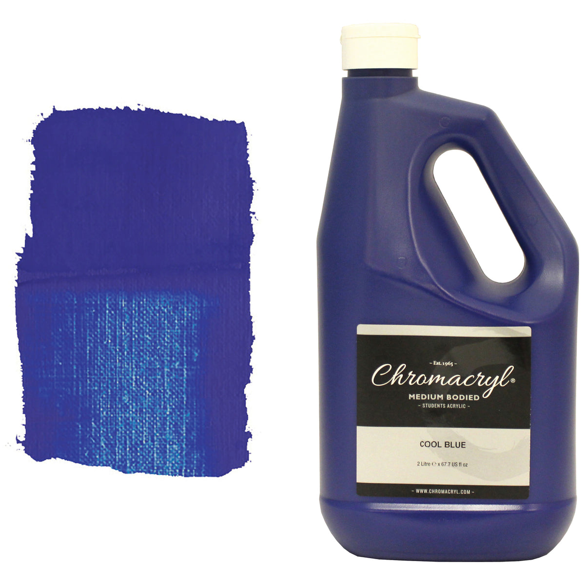 Chroma Chromacryl Cool Blue acrylic paint 2 litre bottle with carry handle beside a painted swatch of a deep, cool ultramarine-style blue
