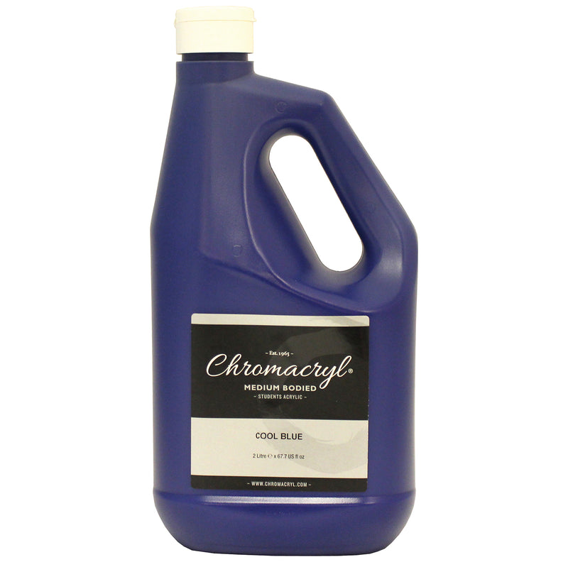 Chroma Chromacryl Cool Blue 2 litre handled bottle, front label reading medium bodied students acrylic
