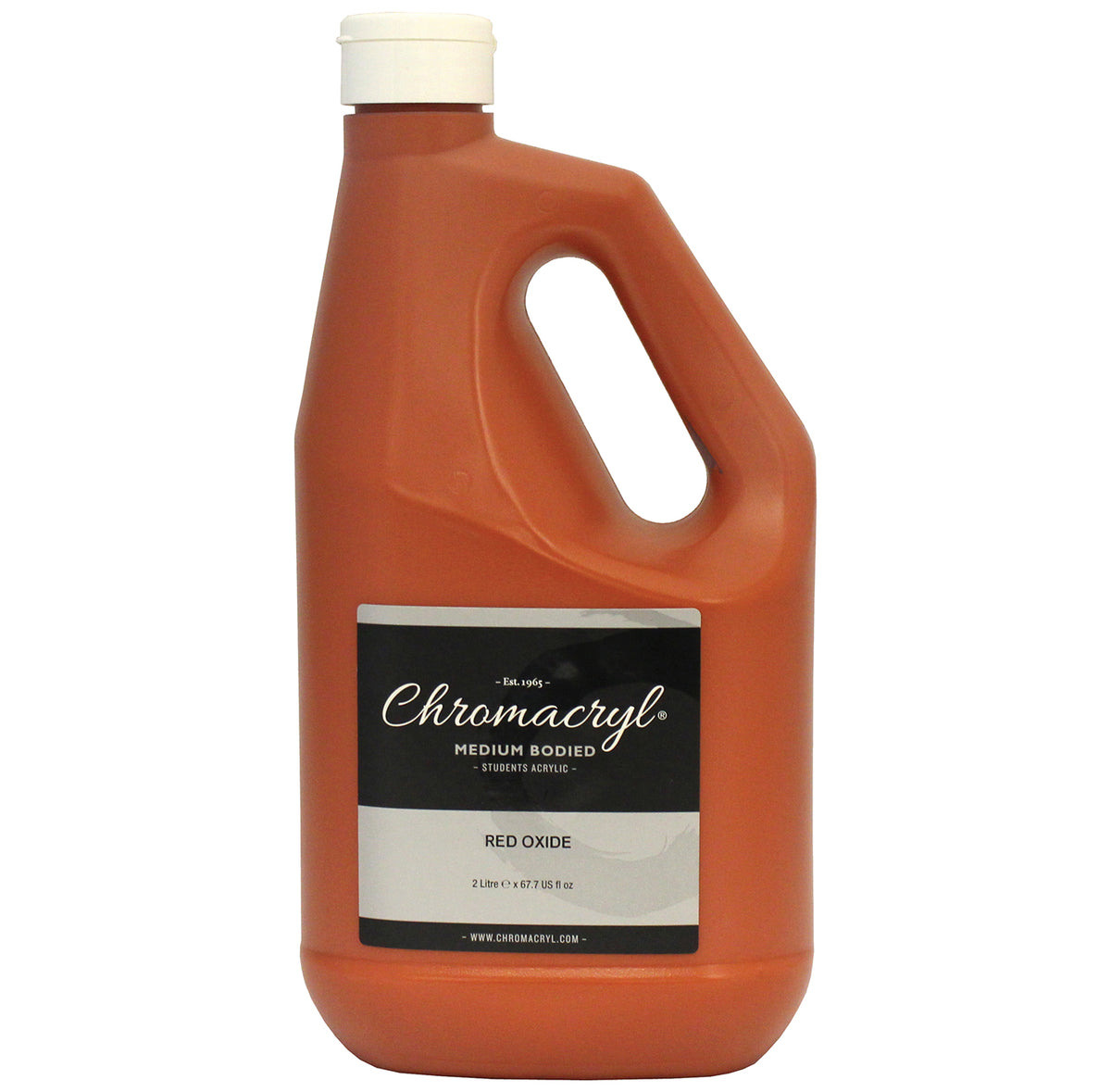 Chroma Chromacryl Red Oxide 2 litre handled bottle, front label reading medium bodied students acrylic