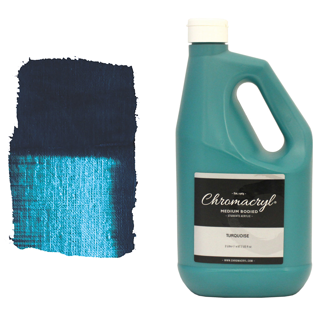 Chroma Chromacryl Turquoise acrylic paint 2 litre bottle with carry handle beside a painted swatch of a deep teal turquoise