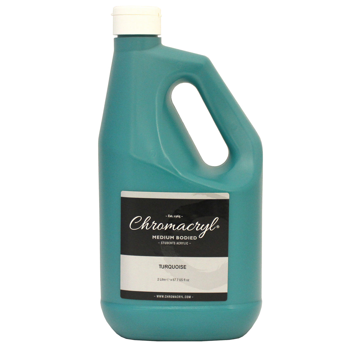 Chroma Chromacryl Turquoise 2 litre handled bottle, front label reading medium bodied students acrylic