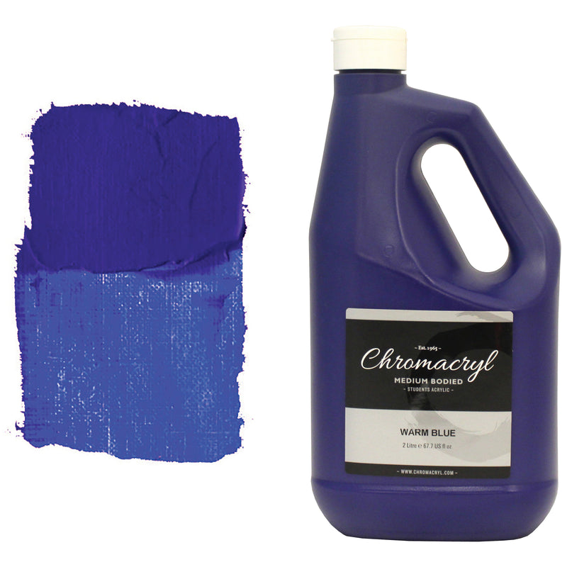 Chroma Chromacryl Warm Blue acrylic paint 2 litre bottle with carry handle beside a painted swatch of a rich ultramarine blue
