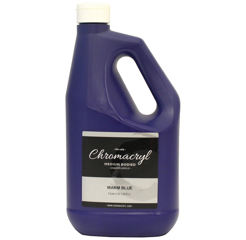 Chroma Chromacryl Warm Blue 2 litre handled bottle, front label reading medium bodied students acrylic